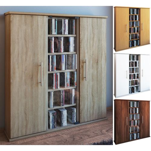 4012246450293 - CD Regal Holz CD Schrank mit 1 ESG-Sicherheitsglastür und 2 Holztüren für 450 CDs oder 195 DVDs oder 108-Videos Maße H 92 x B 86 x T 18 cm Eleganter DVD Schrank Blu ray Schrank CD-Schrank - Santo