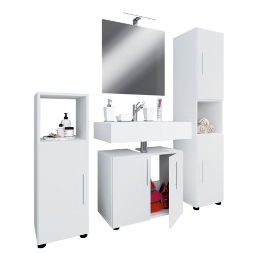 4051814412486 - 4-tlg Badmöbelset Badmöbel Set aus Unterschrank Midischrank Hochschrank und Spiegel Badezimmermöbel – Flandu II 4051814412486 - 4-tlg Badmöbelset Badmöbel Set aus Unterschrank Midischrank Hochschrank und Spiegel Badezimmermöbel – Flandu II