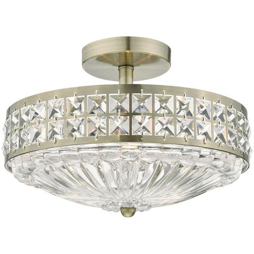 5035128546470 - DAR OLONA - 3L Light Semi Flush Deckenleuchte Light Antik Messing Kristallperlen und Glasdiffusor