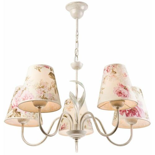 4251334895800 - Licht-erlebnisse - Romanticher Kronleuchter Weiß Shabby Floral Stoff Schirm Pendelleuchte Wohnzimmer Esstisch - Shabby Weiß Ecru Rosa Grün