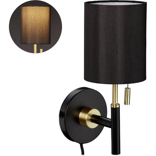 4052025322281 - Wandleuchte runder Stoffschirm Zugschalter Kabel mit Stecker Wandlampe hbt 32 x 13 x 18 cm schwarz-gold - Relaxdays