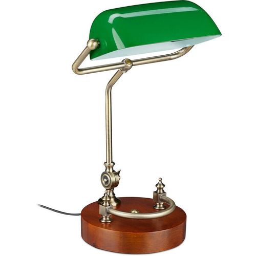 4052025166069 - Bankerlampe neigbarer Glasschirm Holzfuß E27-Fassung Schreibtischlampe Retro Bibliothekslampe grün-braun - Relaxdays