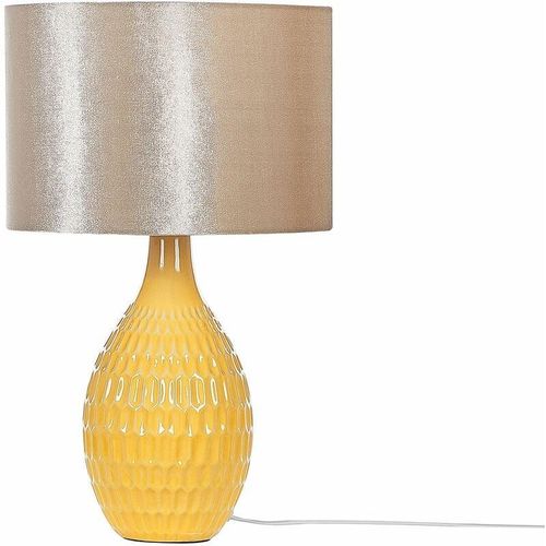 4251682279468 - Beliani - Tischlampe Gelb   Gold 54 cm geprägt Keramiksockel Kabel mit Schalter glänzender Lampenschirm Stoff Schlafzimmer Wohnzimmer Retro - Gelb