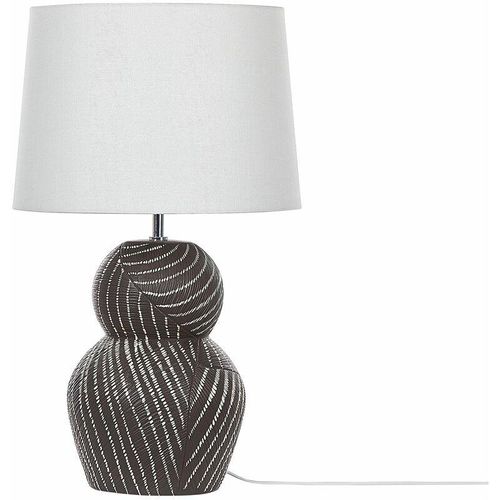 4251682279307 - Beliani - Tischlampe mit Keramikfuß Schwarz 63 cm Streifenmuster Kabel mit Schalter Lampenschirm aus Baumwolle   Jute in Weiß Wohnzimmer Schlafzimmer