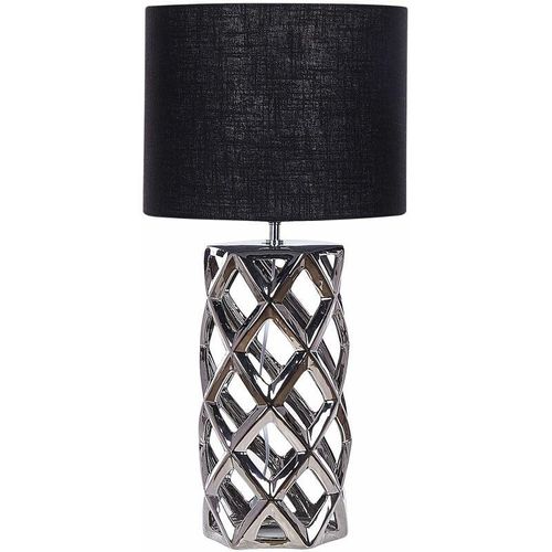 4251682282345 - Beliani - Tischlampe Silber Keramik 71 cm Stoffschirm Trommelform Schwarz Vasenform Geometriches Design Kabel mit Schalter Moderner Minimalistischer