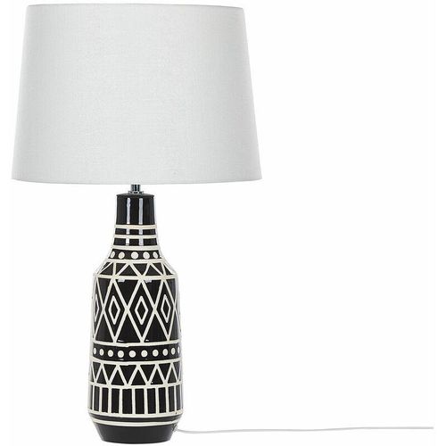 4251682279314 - Tischlampe Keramikfuß Ethnomotiv Schwarz   Weiß 68 cm Kabel mit Schalter Lampenschirm aus Jute und Baumwolle Cremeweiß Wohnzimmer Schlafzimmer - Beige