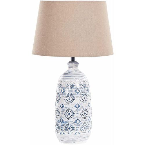 4251682290487 - Beliani - Tischlampe Weiß   Blau Keramik 45 cm mit beigem Schirm langes Kabel mit Schalter Wohnzimmer Medernes Design - Beige