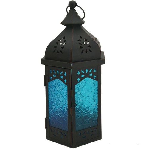 8052787044939 - Mobili Rebecca - Rebecca Mobili Ethnische Laterne Glas Metall Blau Schwarz Innen Außen 32x16x14