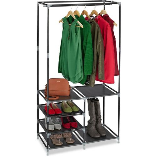 4052025345860 - Offener Kleiderschrank Schuhablagen für 10 Paar Schuhe Kleiderstange Garderobe hbt 160x84x43 cm schwarz - Relaxdays