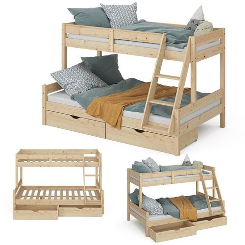 4066731227327 - VitaliSpa Hochbett Kinderbett Spielbett Everest Natur modern 120x200 Massivholz Kinderzimmer Bett Lattenrost Bettleiter Kletterbett Doppelbett Geschwisterbett Bettschublade Rollschublade Matratze