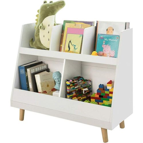 4251388609767 - KMB19-W Kinderregal mit 5 Fächern Bücherregal Aufbewahrungsregal für Kinder Standregal mit Massivholzbeine weiß bht ca 86x77x36cm - Sobuy