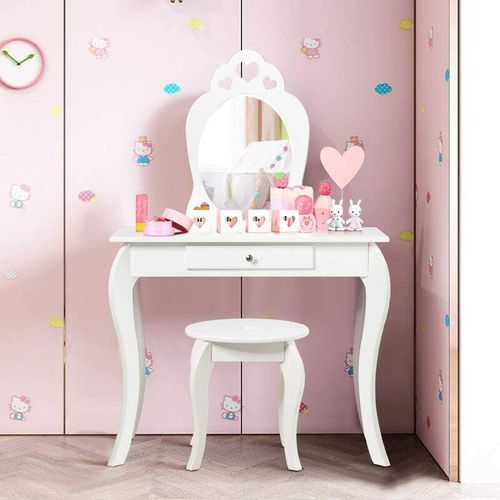 0617748478727 - Kinder Schminktisch Make-up Tisch mit Hocker und abnehmbarem Spiegel Frisierkommode Holz Maedchen Frisiertisch mit Schublade 70x34x105cm