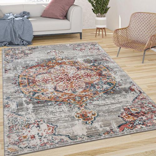 4061981160523 - Teppich Wohnzimmer Kurzflor Vintage Moderne Orient Optik Abstrakt Grau Gelb Blau 120x170 cm - Paco Home