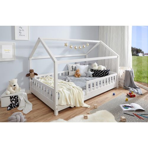 4251105957348 - TiCAA Kinderbett Hausbett Kay 120x200 Kiefer weiß für Jungen & Mädchen inkl Rolllattenrost Rausfallschutz variabel Montessori Bett weiß aus Kiefer Massivholz 4251105957348 - TiCAA Kinderbett Hausbett Kay 120x200 Kiefer weiß für Jungen & Mädchen inkl Rolllattenrost Rausfallschutz variabel Montessori Bett weiß aus Kiefer Massivholz