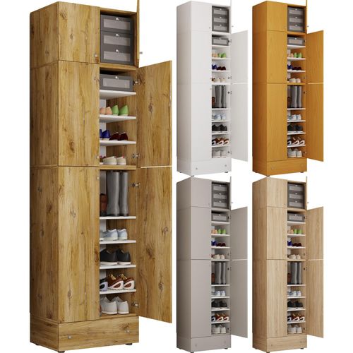 4051814413445 - Holz-Schuhschrank Maße H 240 x B 70 x T 39 cm Allzweckschrank 9 Fächer 4 Drehtüren Aufsatz mit 2 Türen extra Schublade – Lona