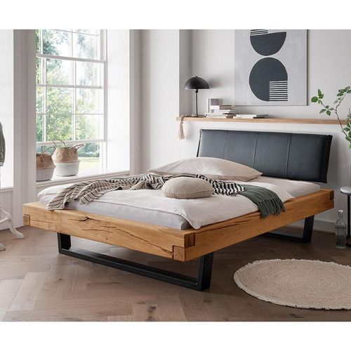 4066075095934 - Lomadox - Massivholz Doppelbett 140x200 cm Eiche massiv schwarzes Echtleder-Kopfteil schwarze Metallkufen UPPSALA-137 b h t ca 158 88 228 cm 4066075095934 - Lomadox - Massivholz Doppelbett 140x200 cm Eiche massiv schwarzes Echtleder-Kopfteil schwarze Metallkufen UPPSALA-137 b h t ca 158 88 228 cm