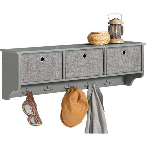 4251388620380 - FRG282-HG Wandgarderobe Flurgarderobe Kleiderhaken Hängeregal mit 3 Körben und 5 Haken Garderobe Hellgrau bht ca 100x31x20cm - Sobuy