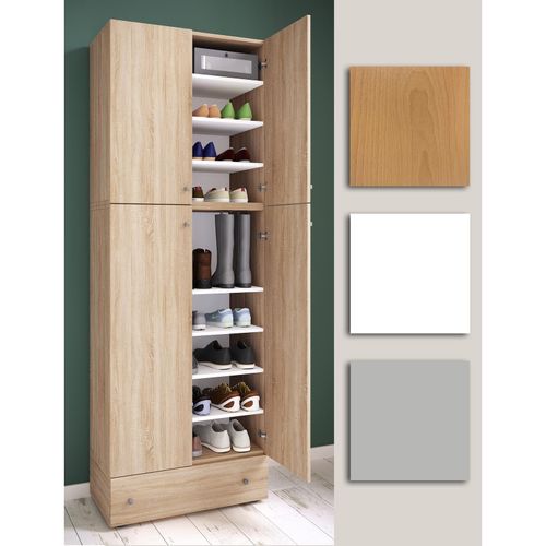 4051814413407 - Holz-Schuhschrank Maße H 200 x B 70 x T 39 cm Allzweckschrank 9 Fächer 4 Drehtüren extra Schublade – Lona 4051814413407 - Holz-Schuhschrank Maße H 200 x B 70 x T 39 cm Allzweckschrank 9 Fächer 4 Drehtüren extra Schublade – Lona