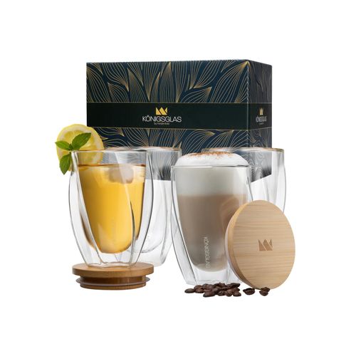 4056551243478 - Königsglas Swing Tee- Kaffeegläser by Heidenfeld 250 350 ml Bambusdeckel doppelwandig Set (4er Set 350 ml)