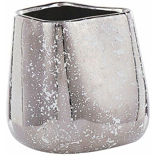 4251682275378 - Beliani - Dekovase aus Steinzeug in glänzendem Silber 20 cm asymmetrisch Glamour Stil Flurdeko Wohnzimmer Schlafzimmer Wohnaccessoires Tischdekoration