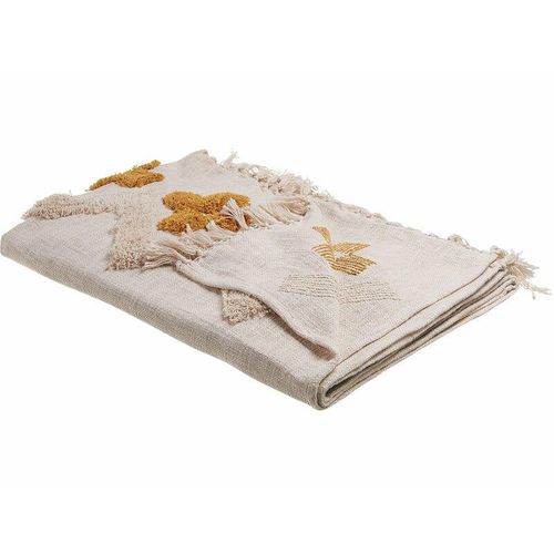 4251682285155 - Kuscheldecke Beige   Senfgelb Baumwolle 130 x 180 cm Handgefertigt abstraktes Muster Fransen für Bett Sofa Couch Sessel Schlafzimmer Wohnzimmer