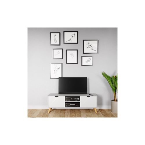 7640136868575 - Scandi - TV-Möbel Lowboard Fernsehtisch mit 2 Türen mit Soft-Close und 2 offene Fächer Massivholzfüsse Scandi-Style