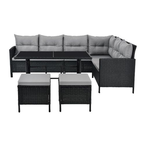 4260565522836 - Gartenlounge Manacor schwarz - Sofa Tisch Hocker & Kissen - 7 Personen - Sitzbezüge in Grau 4260565522836 - Gartenlounge Manacor schwarz - Sofa Tisch Hocker & Kissen - 7 Personen - Sitzbezüge in Grau