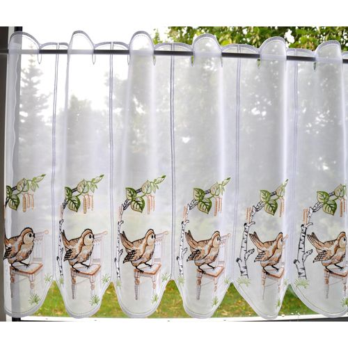 4028298296956 - Scheibengardine STICKEREIEN PLAUEN Vöglein auf Stuhl Gr 1 bunt B95cm H30cm Voile Polyester Gardinen