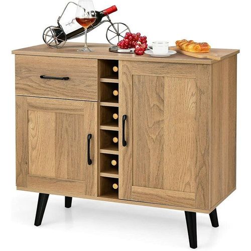 0783501311270 - Costway - Sideboard Küchenschrank mit Türen und Schubladen Küchekommode im Landhausstil mit Weinregal für 6 Flaschen Buffetschrank Weinschrank für