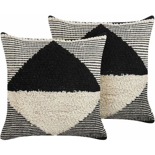 4251682285223 - Beliani - Dekokissen 2er Set Beige Schwarz 50x50 cm Quadratisch mit Reißverschluss Geometrisches Muster Strukturiert Handgewebt Zierkissen Boho Stil