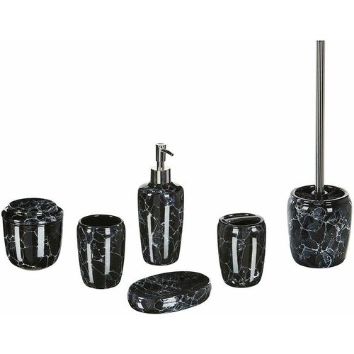 4251682286190 - Badezimmer Set Schwarz Naturstein Dolomit 6-teilig Terrazzo Optik Zahnputzbecher Seifenschale Seifenspender Toilettenbürste Becher Accessoires - Weiß