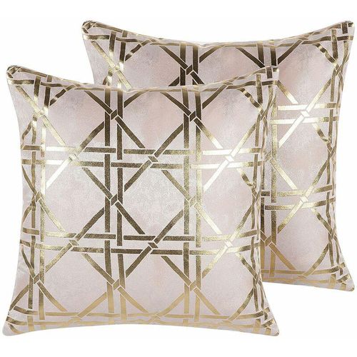 4251682235273 - Beliani - Dekokissen 2er Set Rosa u Gold Stoffbezug mit Füllung 45 x 45 cm Quadratisch Goldenes Geometrisches Muster Modern Wohnzimmer Schlafzimmer