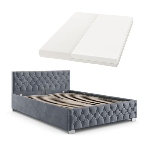 4260565528500 - Polsterbett Nizza 180x200 cm mit Matratze - Bettgestell mit Lattenrost Stauraum & led Beleuchtung – Samtbezug Chesterfield-Steppung - Grau - Juskys 4260565528500 - Polsterbett Nizza 180x200 cm mit Matratze - Bettgestell mit Lattenrost Stauraum & led Beleuchtung – Samtbezug Chesterfield-Steppung - Grau - Juskys