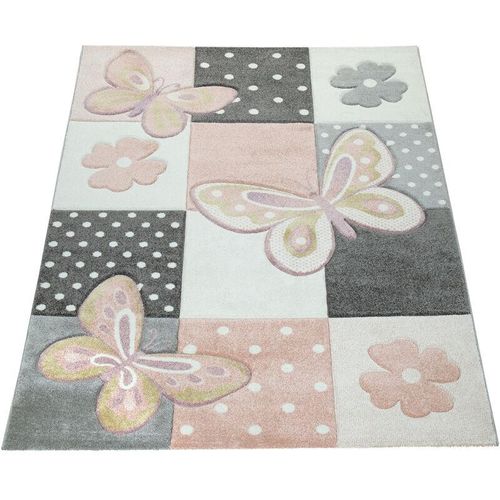 4061981070426 - Kinderteppich Cosmo 220 Teppiche Gr B L 140 cm x 200 cm 12 mm 1 St bunt (mehrfarbig) Kinder Kinderzimmerteppiche 3D-Design Patchwork Muster niedliches Motiv Schmetterlinge & Punkte