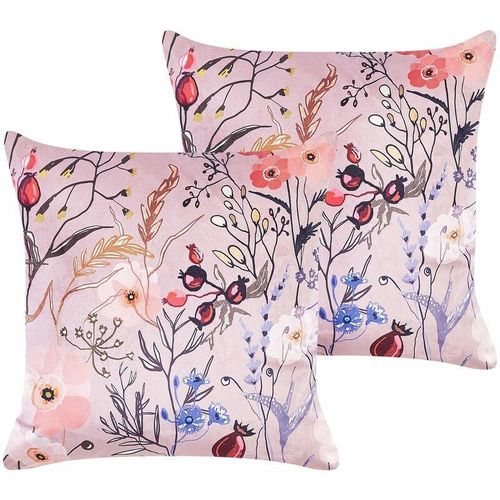 4255664819611 - Beliani - 2er-Set rosa Dekokissen Polyester 45 x 45 cm Samt Blumenmuster Modern Traditionell Wohnzimmer Schlafzimmer Kissen - Rosa