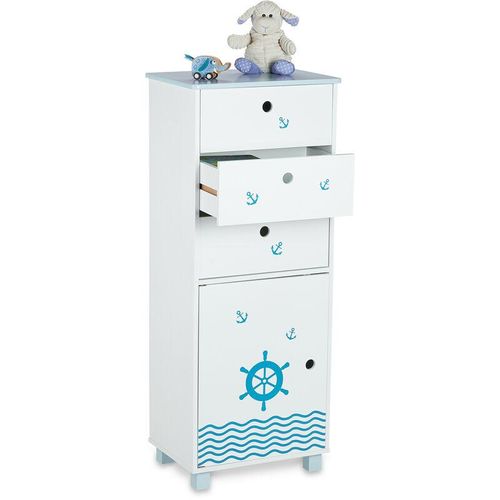 4052025377915 - Relaxdays - Kommode Kinder Seefahrt-Design 3 Schubladen Türfach Kinderzimmer Nachtkonsole hbt 105x42x30 cm weiß blau