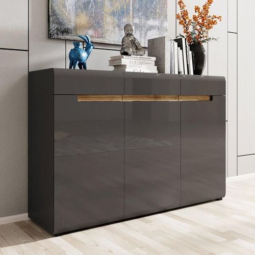 4066075070986 - Schlafzimmer Kommode Sideboard in anthrazit mit anthrazit Hochglanz und Appenzeller Fichte Nb HERNING-83 b h t ca 137 92 39 cm - anthrazit