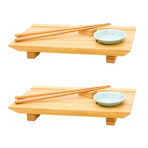 4057216048124 - 2x Japanisches Sushi Brett - 27x16x4 Bambus Platten Set - Teller mit Schälchen