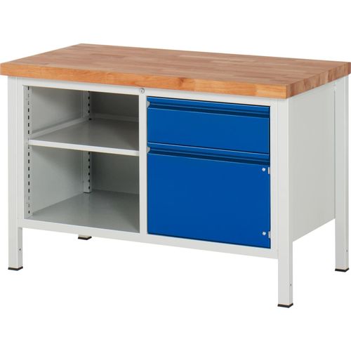 4040376110688 - Werkbank BxTxH 1250x700x840 mm Platte Buche 40 mm 1 Schublade 180 mm 1 Türe 360 mm 1 Fachboden ral 7035 5010