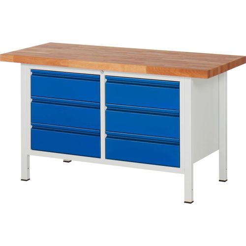 4040376110404 - Werkbank BxTxH 1500x700x840 mm Platte Buche 40 mm 6 Schubladen 180 mm ral 7035 5010 4040376110404 - Werkbank BxTxH 1500x700x840 mm Platte Buche 40 mm 6 Schubladen 180 mm ral 7035 5010