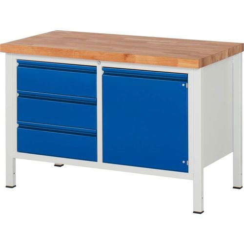 4040376913074 - Werkbank BxTxH 1250x700x840 mm Platte Buche 40 mm 3 Schubladen 180 mm 1 Türen 540 mm 1 Fachboden ral 7035 5010 4040376913074 - Werkbank BxTxH 1250x700x840 mm Platte Buche 40 mm 3 Schubladen 180 mm 1 Türen 540 mm 1 Fachboden ral 7035 5010