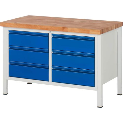 4040376112552 - Werkbank BxTxH 1250x700x840 mm Platte Buche 40 mm 6 Schubladen 180 mm ral 7035 5010