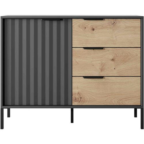 5905351247805 - Furnix - Sideboard ravin 103 D3S Kommode Flügeltüren Schubladen Schwarz  Eiche Artisan