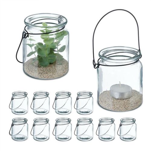 4052025458072 - Relaxdays - Windlicht Glas 12er Set Teelichthalter mit Henkel HxD 95 x 8 cm runde Kerzengläser transparent schwarz