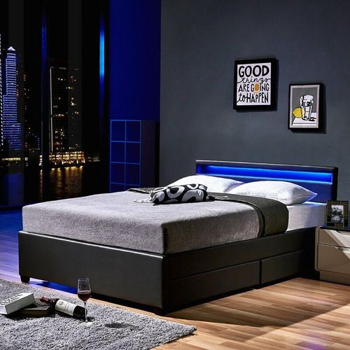 4058166017420 - Led Bett nube - Dunkelgrau 140 x 200 cm - inkl Lattenrost und Schubladen i Polsterbett Design Bett inkl Beleuchtung - Home Deluxe