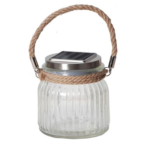 7391482010599 - Star Trading Deutschland Gmbh - LED-Solar-Leuchte Glass Jar 1 warm white led mit Sisalaufhänger ca 11 cm x 12 cm Solarpanel Outdoor