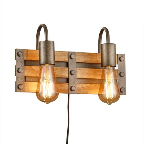 4017807442564 - Leuchten - 2-flammige Holzbrett Wandlampe khan mit ausgefallenem Vintage Industriedesign