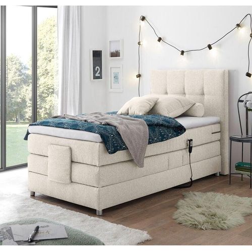 4066075043454 - Lomadox - Boxspringbett Jugendbett in 120x200 cm MANAUS-09 in der Farbe Ivory creme Taschenfederkern-Matratze elektrisch verstellbar - beige