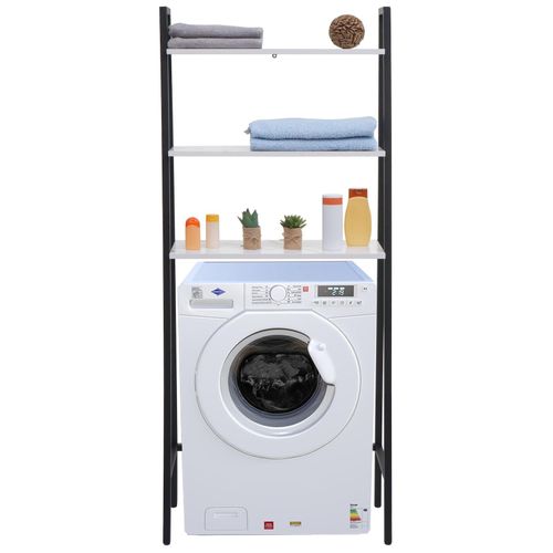 4057651578651 - Standregal MCW-K82 Badregal Waschmaschinen-Regal Leiterregal Industrial Metall Holz 155x64x25cm ~ Marmor-Optik weiß