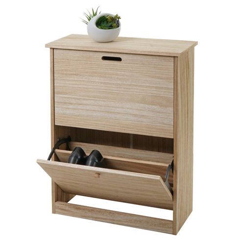 4057651575858 - Schuhkipper MCW-K45 Schuhschrank Schuhregal 81x60x25cm 2 Klappen Paulownia Holz MVG-zertifiziert ~ naturbraun